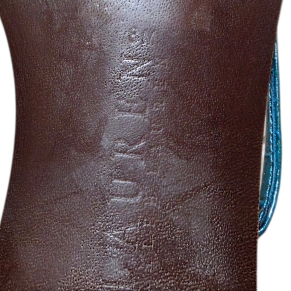 Lauren Ralph Lauren Teal Croc-Embossed Thong Sandals with Gold Accents - Picture 9 of 10